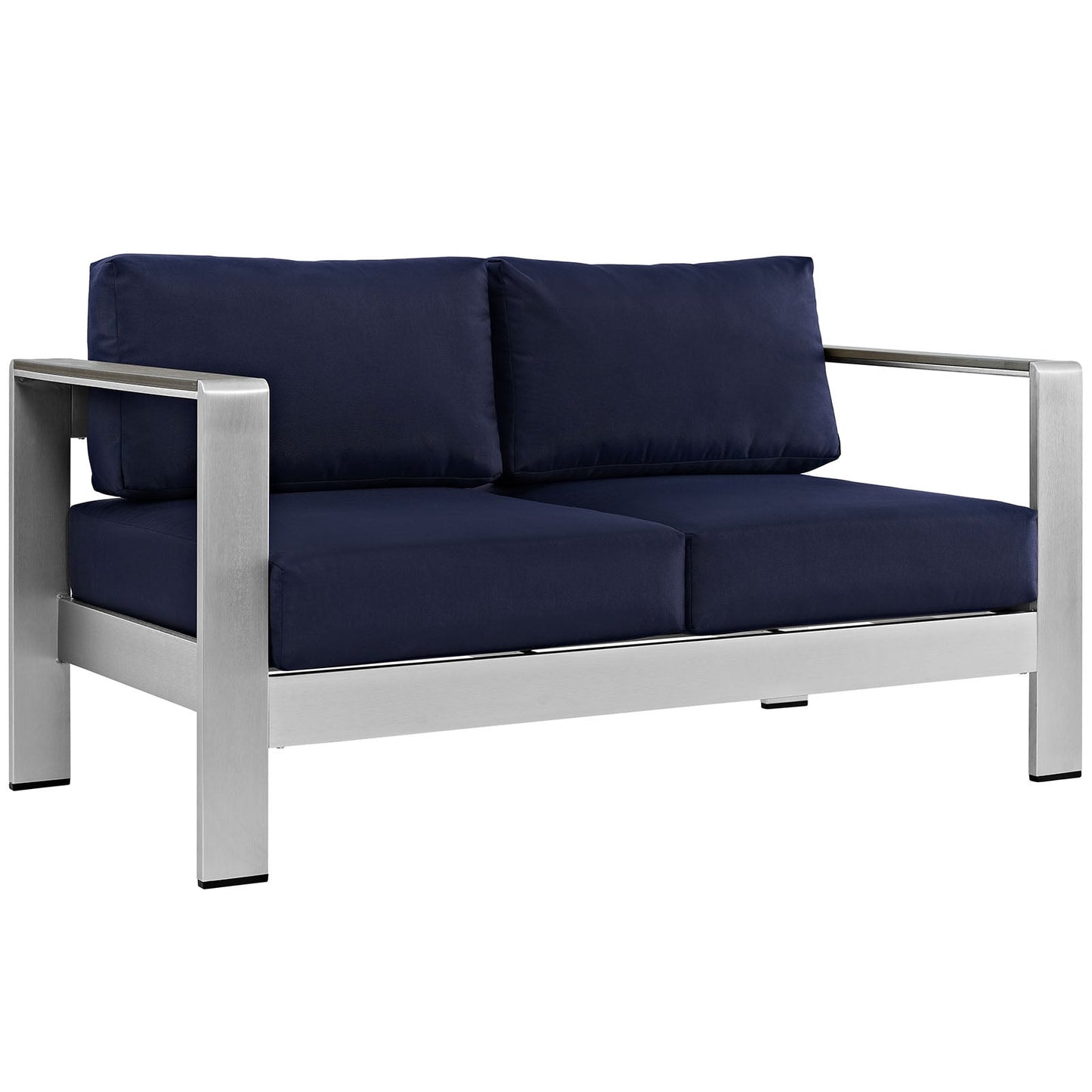 Shore Outdoor Patio Aluminum Loveseat Silver Navy EEI-2267-SLV-NAV