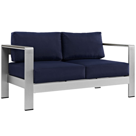 Shore Outdoor Patio Aluminum Loveseat Silver Navy EEI-2267-SLV-NAV