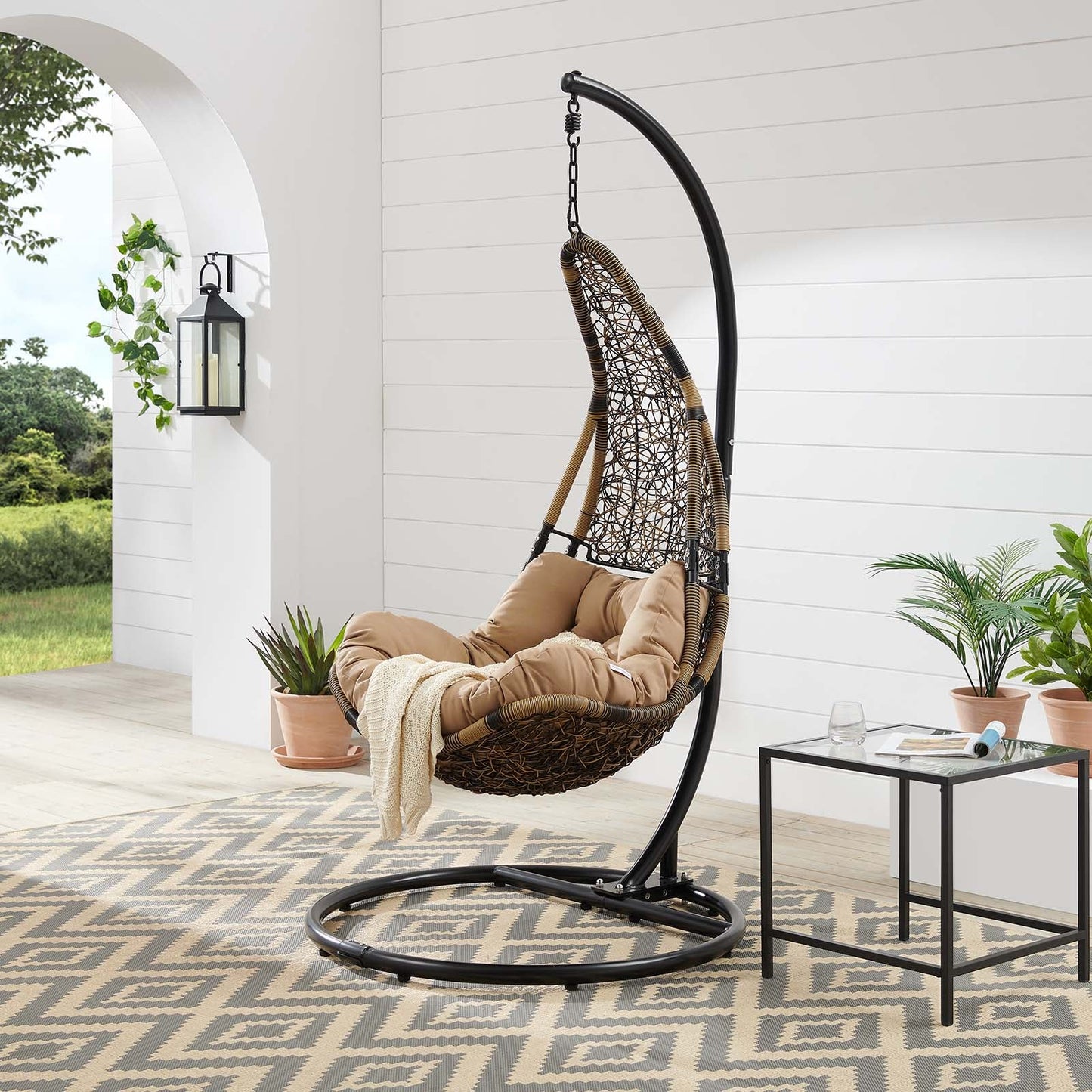 Abate Wicker Rattan Outdoor Patio Swing Chair Black Mocha EEI-2276-BLK-MOC-SET