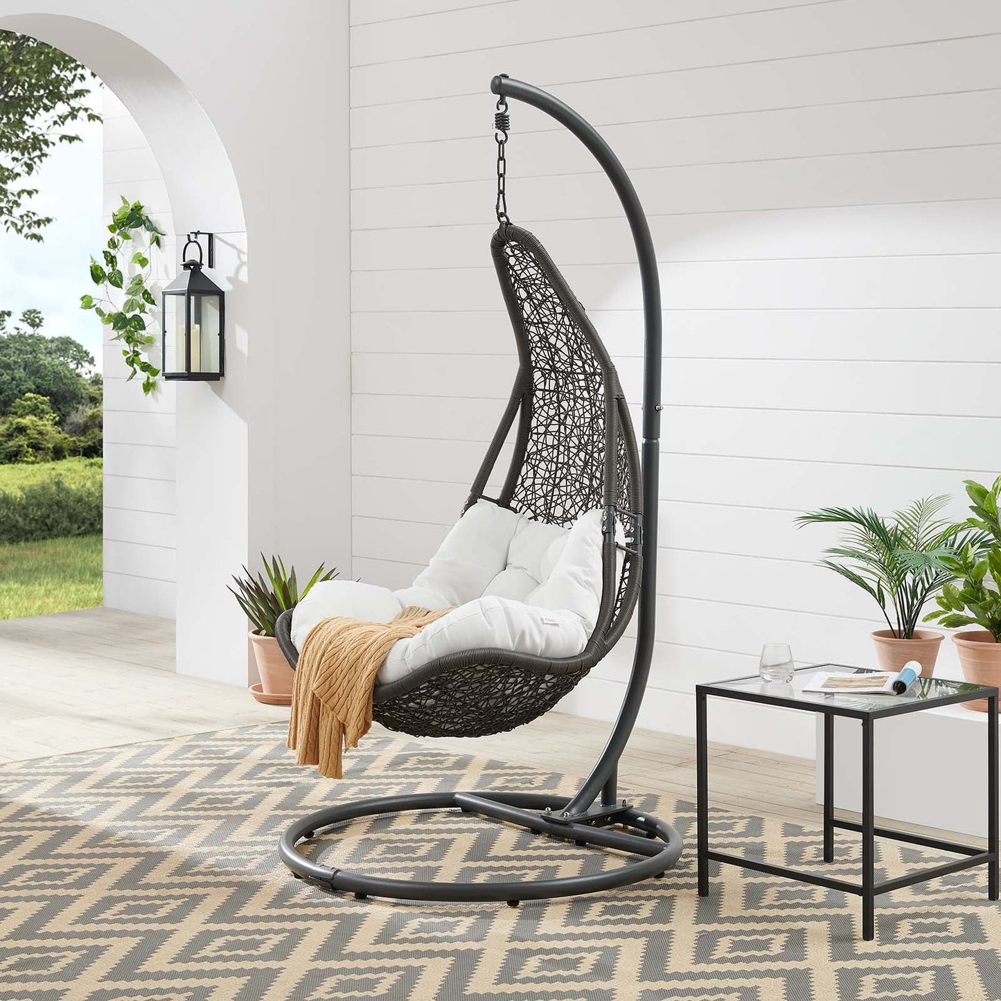 Abate Wicker Rattan Outdoor Patio Swing Chair Gray White EEI-2276-GRY-WHI-SET