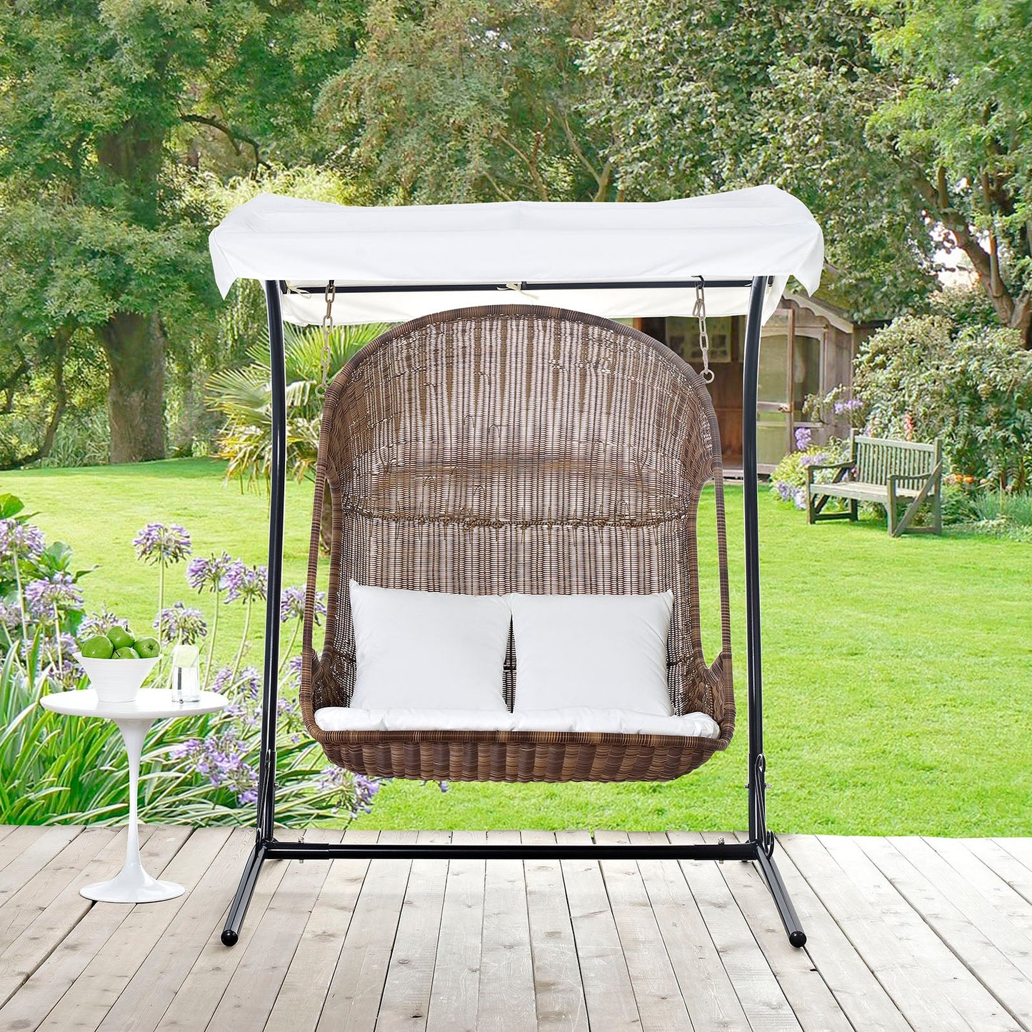 Vantage Outdoor Patio Swing Chair With Stand Brown White EEI-2278-BRN-WHI-SET