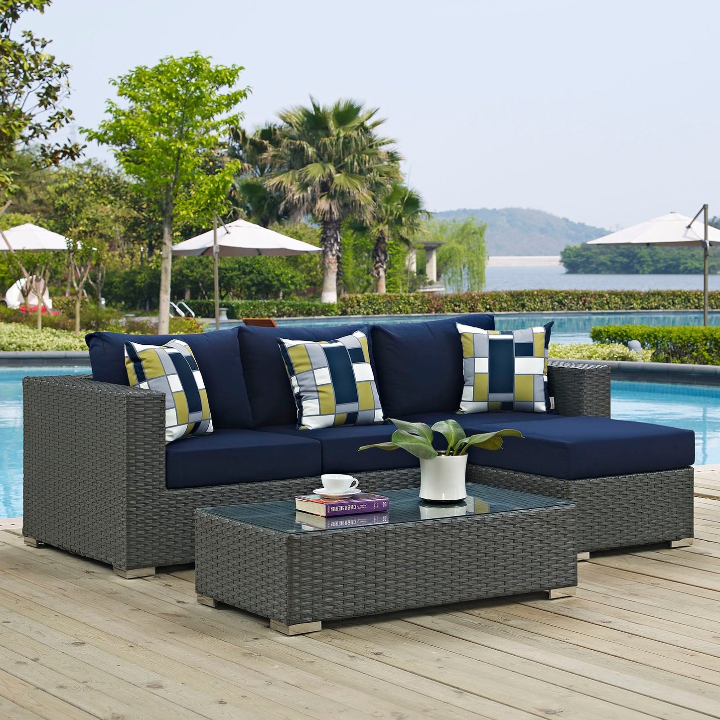 Sojourn 3 Piece Outdoor Patio Sunbrella® Sectional Set Canvas Navy EEI-2384-CHC-NAV-SET