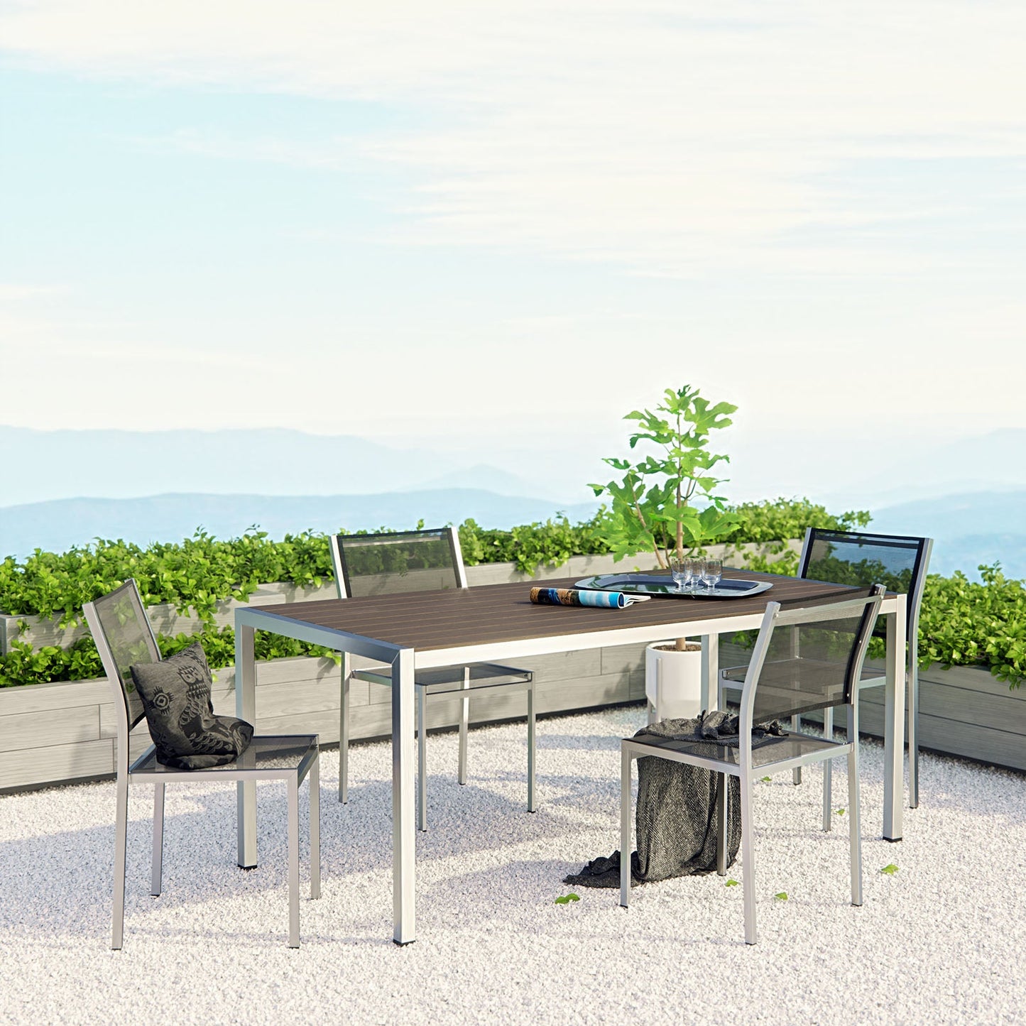 Shore 5 Piece Outdoor Patio Aluminum Dining Set Silver Black EEI-2482-SLV-BLK-SET