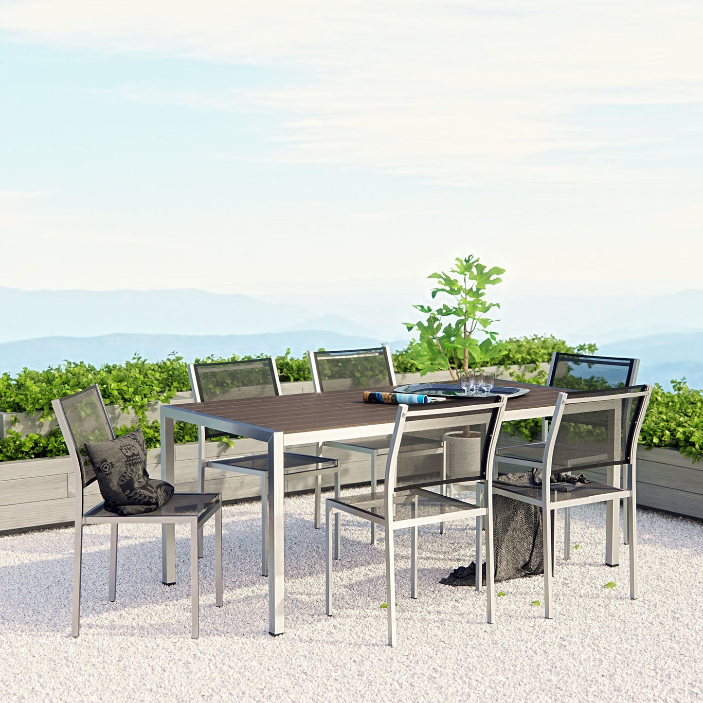 Shore 7 Piece Outdoor Patio Aluminum Dining Set Silver Black EEI-2485-SLV-BLK-SET