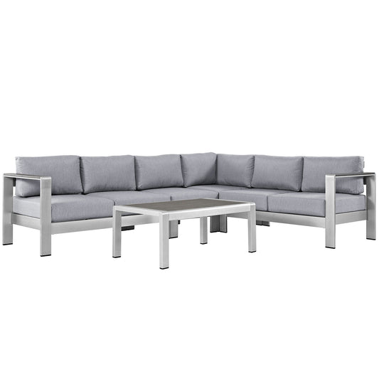 Shore 5 Piece Outdoor Patio Aluminum Sectional Sofa Set Silver Gray EEI-2557-SLV-GRY