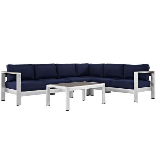 Shore 5 Piece Outdoor Patio Aluminum Sectional Sofa Set Silver Navy EEI-2557-SLV-NAV