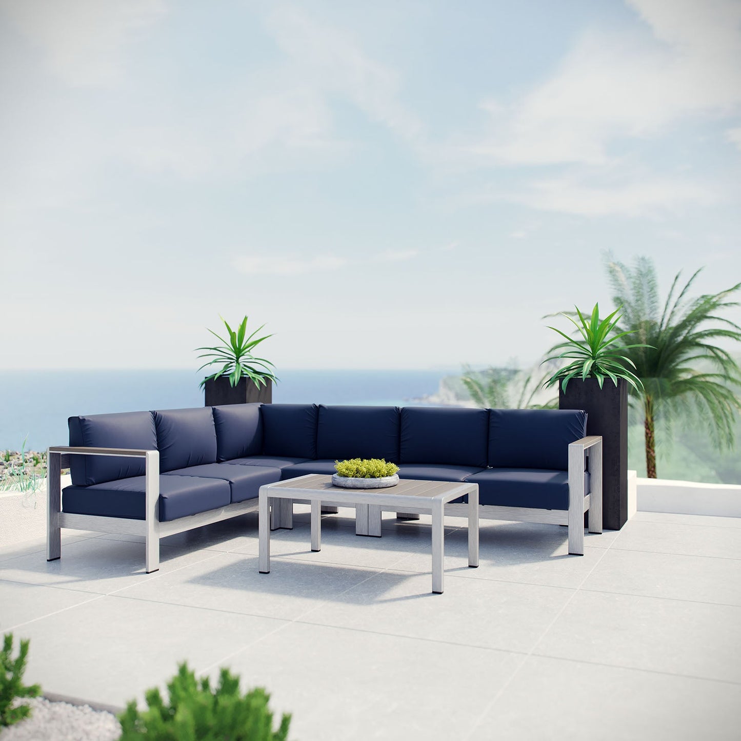 Shore 5 Piece Outdoor Patio Aluminum Sectional Sofa Set Silver Navy EEI-2557-SLV-NAV