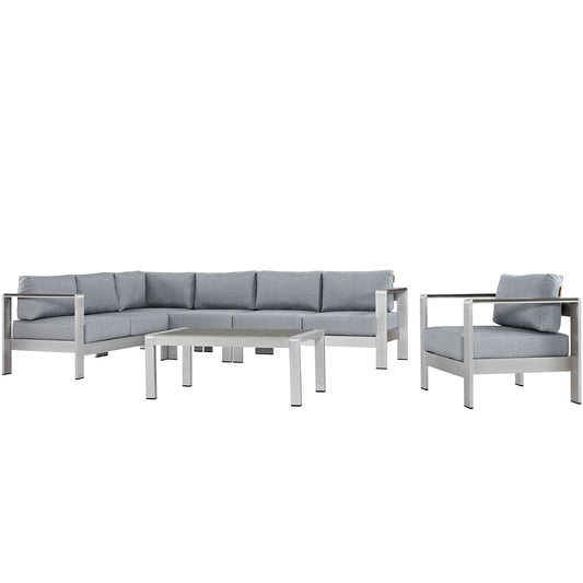 Shore 6 Piece Outdoor Patio Aluminum Sectional Sofa Set Silver Gray EEI-2558-SLV-GRY