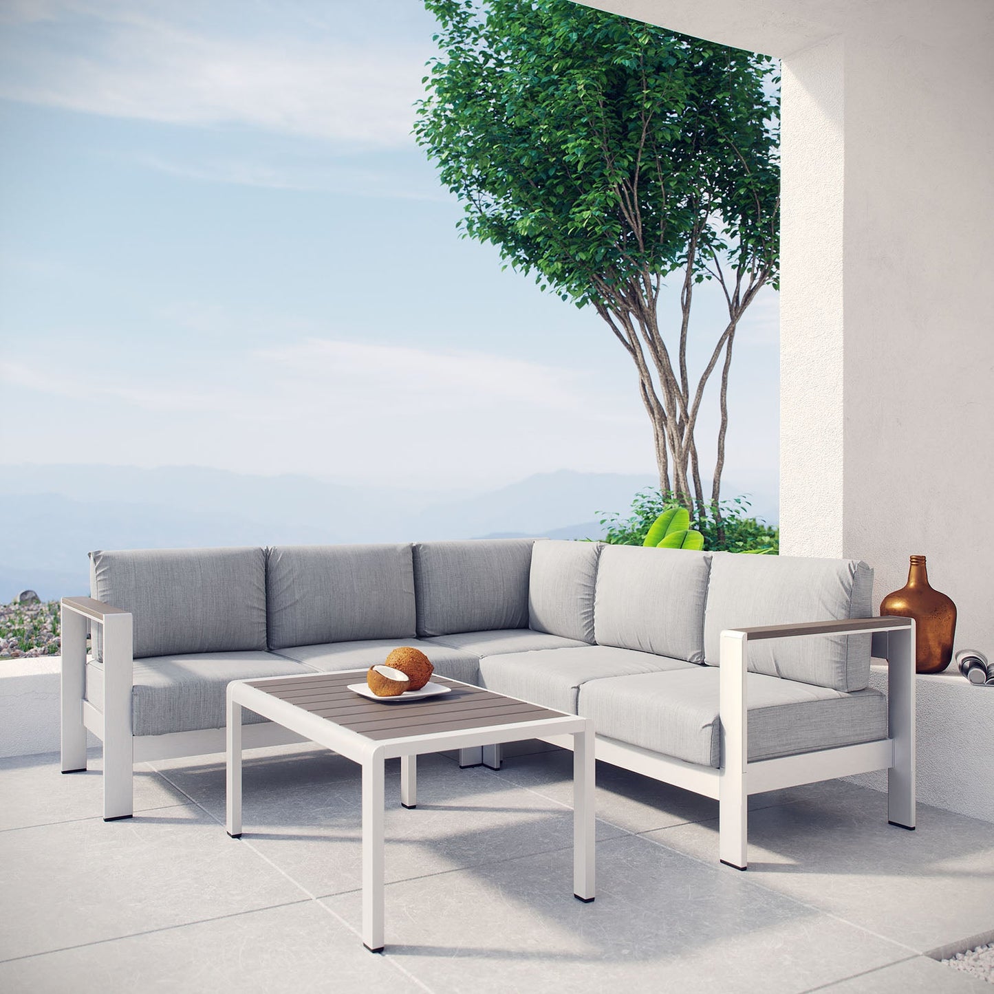 Shore 4 Piece Outdoor Patio Aluminum Sectional Sofa Set Silver Gray EEI-2559-SLV-GRY