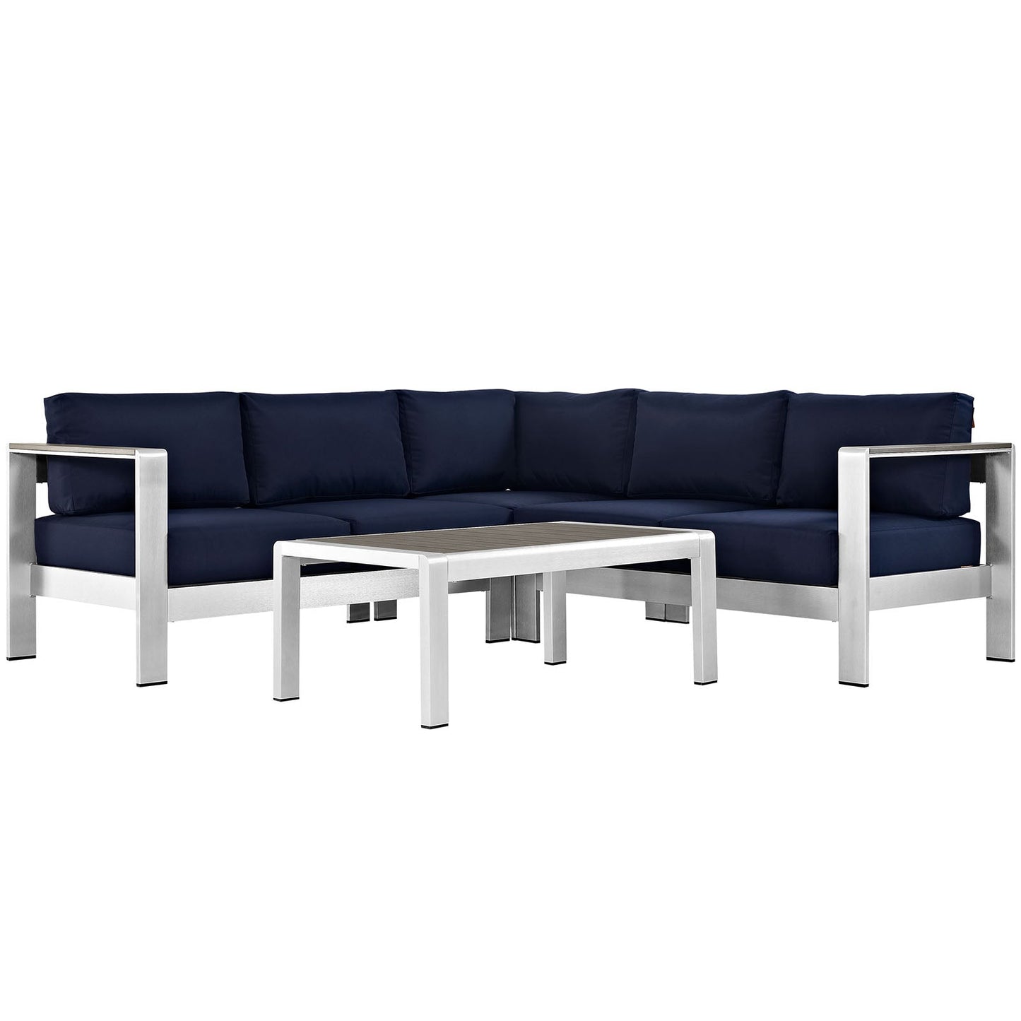 Shore 4 Piece Outdoor Patio Aluminum Sectional Sofa Set Silver Navy EEI-2559-SLV-NAV