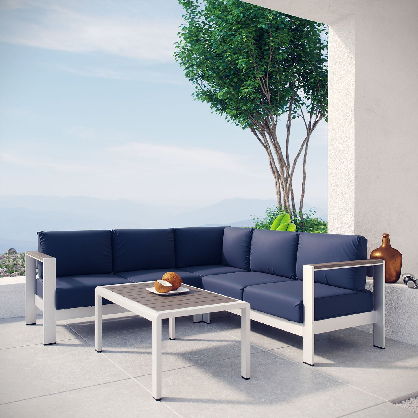 Shore 4 Piece Outdoor Patio Aluminum Sectional Sofa Set Silver Navy EEI-2559-SLV-NAV