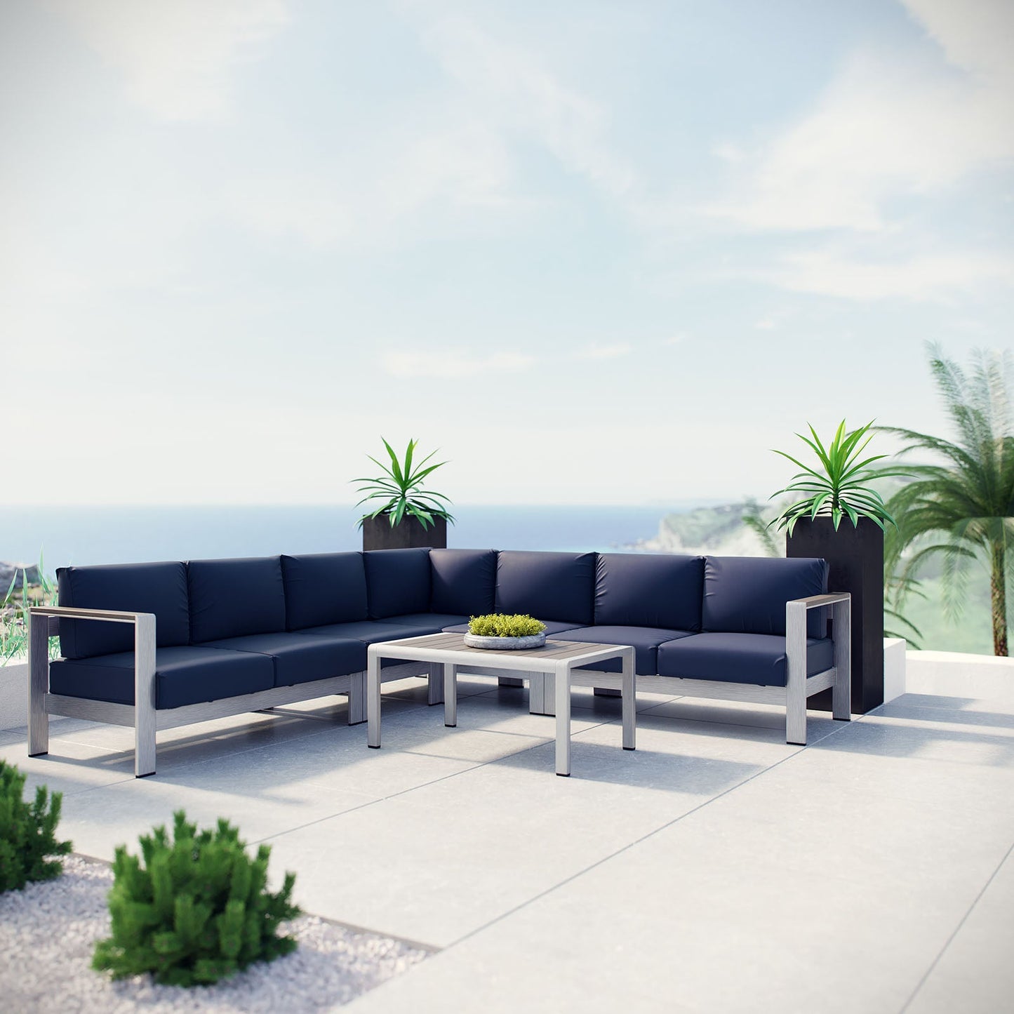 Shore 6 Piece Outdoor Patio Aluminum Sectional Sofa Set Silver Navy EEI-2561-SLV-NAV