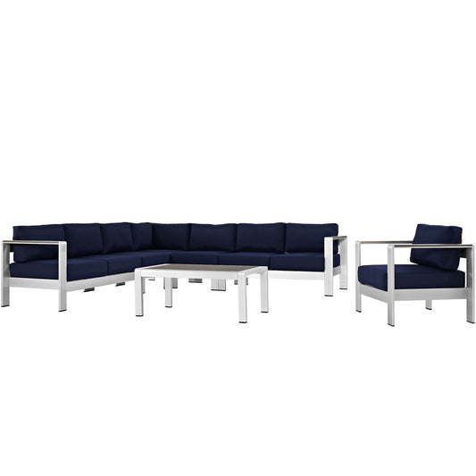 Shore 7 Piece Outdoor Patio Aluminum Sectional Sofa Set Silver Navy EEI-2562-SLV-NAV