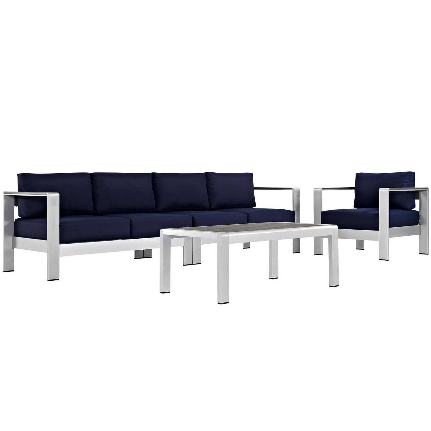 Shore 4 Piece Outdoor Patio Aluminum Sectional Sofa Set Silver Navy EEI-2563-SLV-NAV