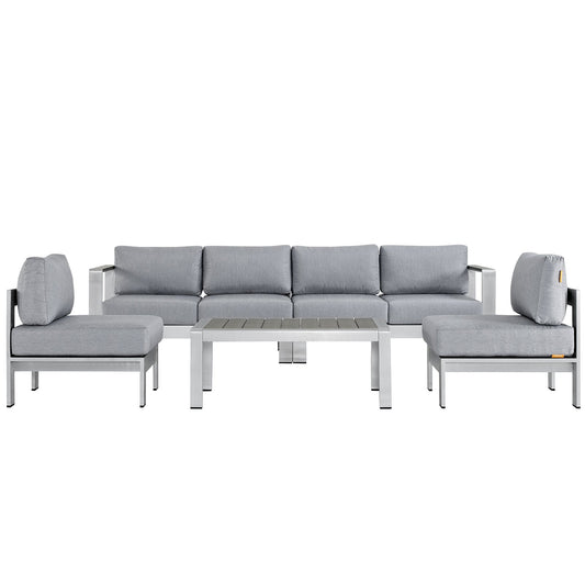 Shore 5 Piece Outdoor Patio Aluminum Sectional Sofa Set Silver Gray EEI-2564-SLV-GRY