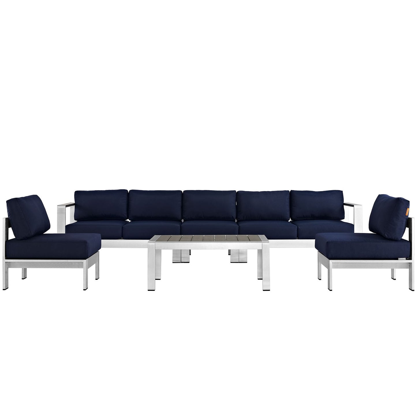 Shore 6 Piece Outdoor Patio Aluminum Sectional Sofa Set Silver Navy EEI-2565-SLV-NAV