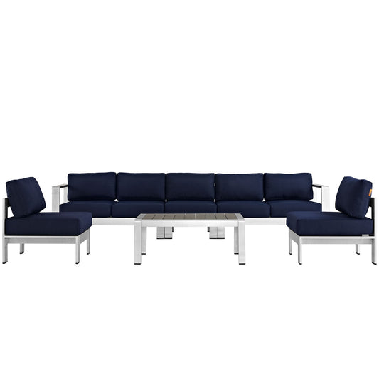 Shore 6 Piece Outdoor Patio Aluminum Sectional Sofa Set Silver Navy EEI-2565-SLV-NAV