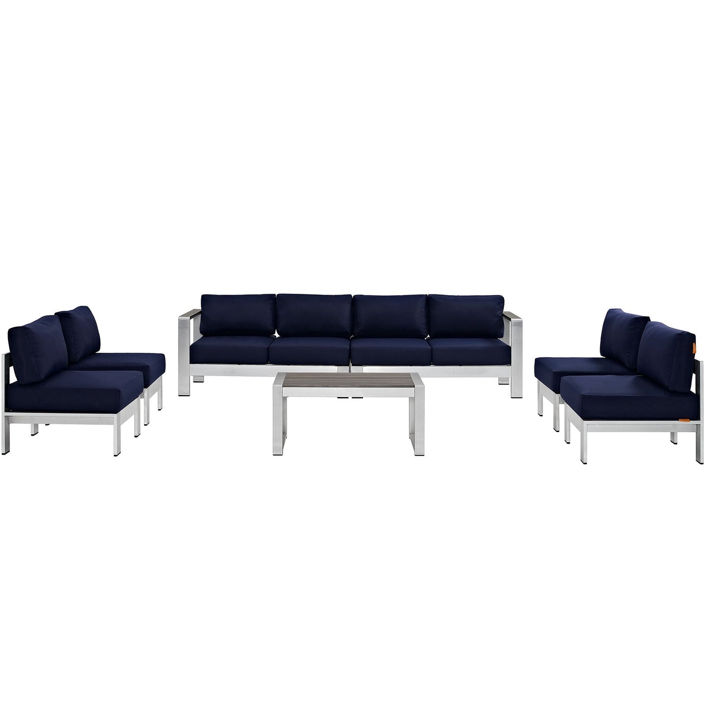 Shore 7 Piece Outdoor Patio Sectional Sofa Set Silver Navy EEI-2566-SLV-NAV