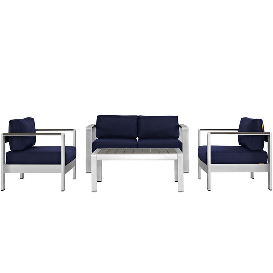 Shore 4 Piece Outdoor Patio Aluminum Sectional Sofa Set Silver Navy EEI-2567-SLV-NAV