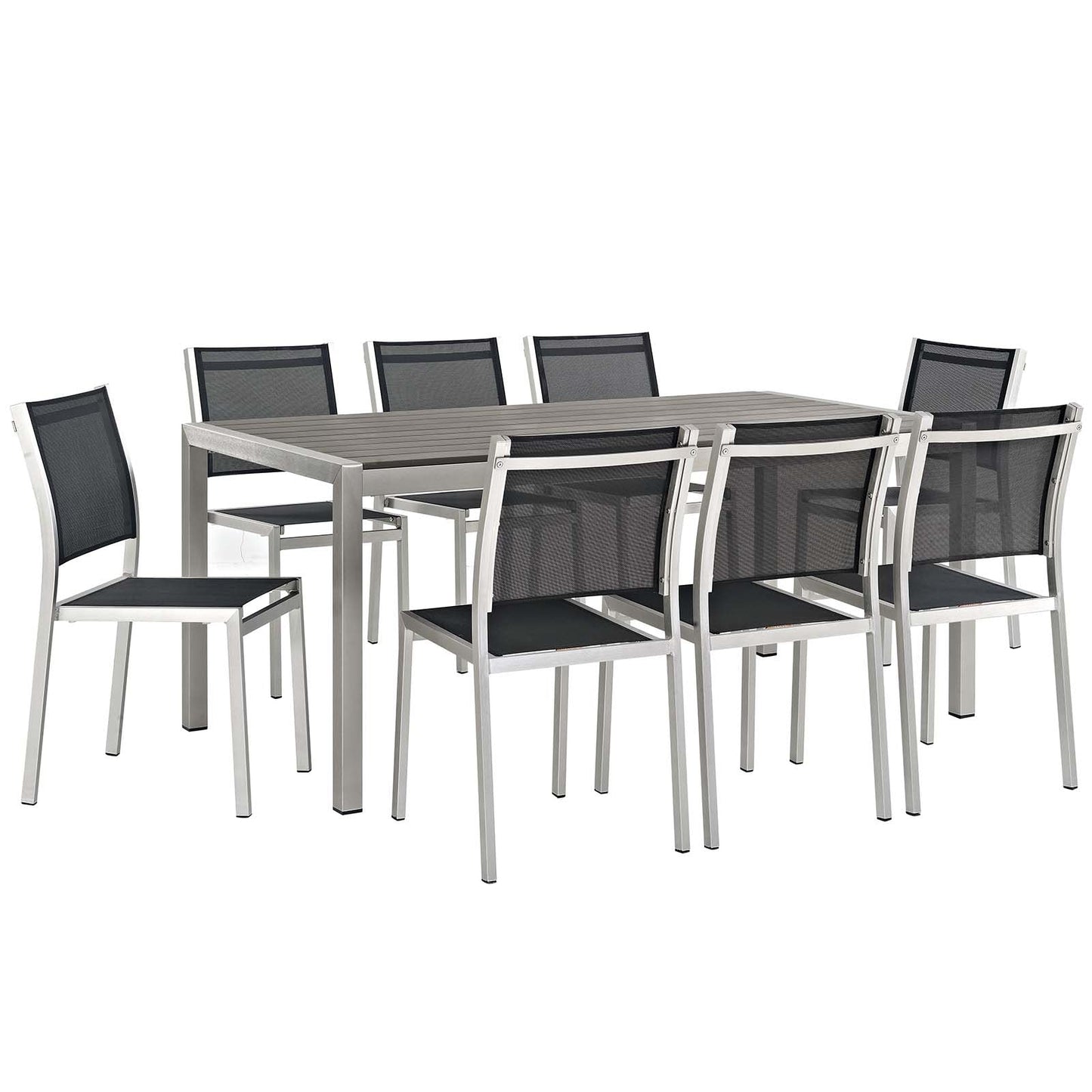 Shore 9 Piece Outdoor Patio Aluminum Dining Set Silver Black EEI-2583-SLV-BLK-SET