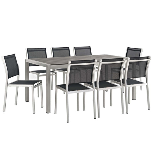 Shore 9 Piece Outdoor Patio Aluminum Dining Set Silver Black EEI-2583-SLV-BLK-SET