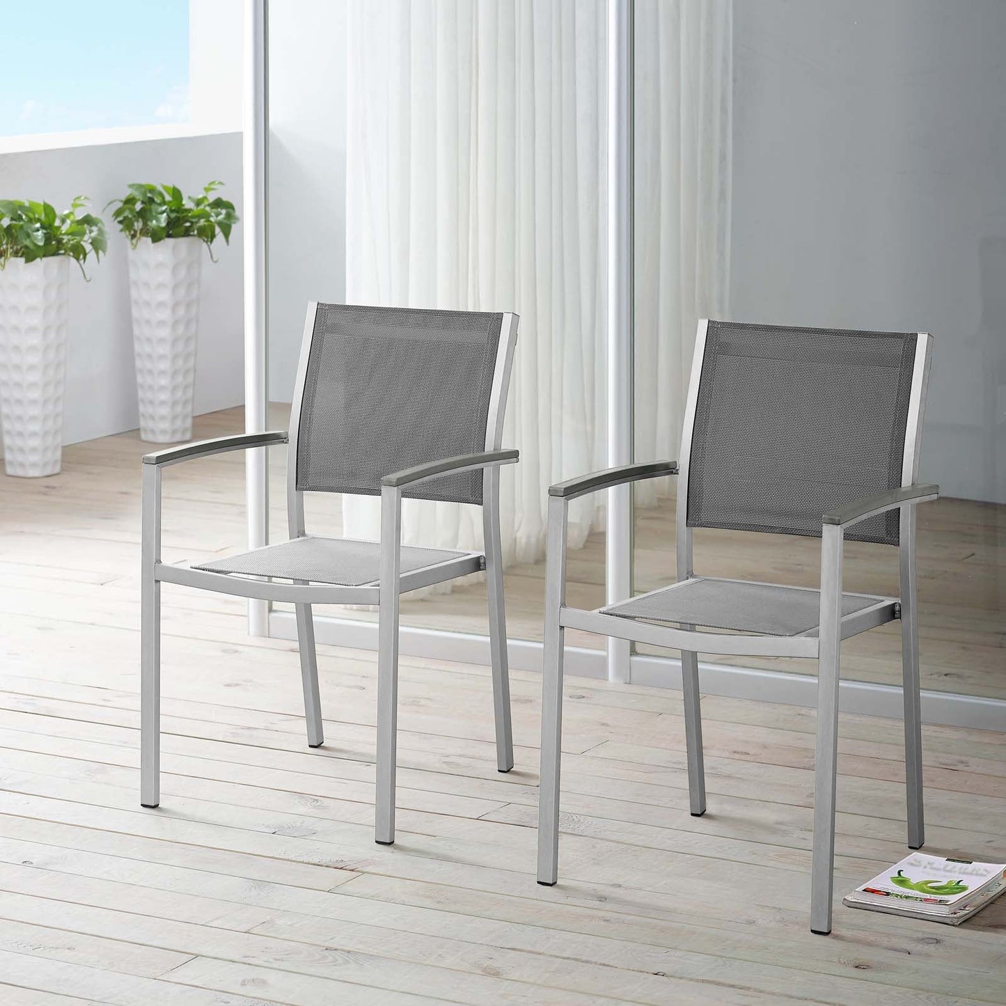 Shore Dining Chair Outdoor Patio Aluminum Set of 2 Silver Gray EEI-2586-SLV-GRY-SET