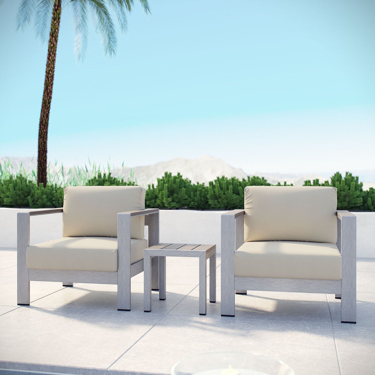 Shore 3 Piece Outdoor Patio Aluminum Set Silver Beige EEI-2599-SLV-BEI