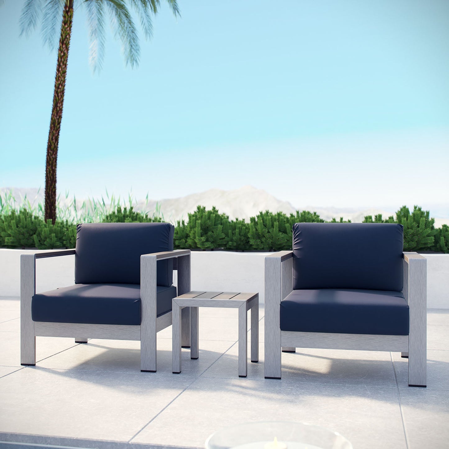 Shore 3 Piece Outdoor Patio Aluminum Set Silver Navy EEI-2599-SLV-NAV