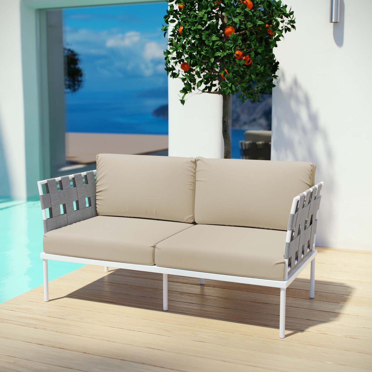 Harmony Outdoor Patio Aluminum Loveseat White Beige EEI-2603-WHI-BEI