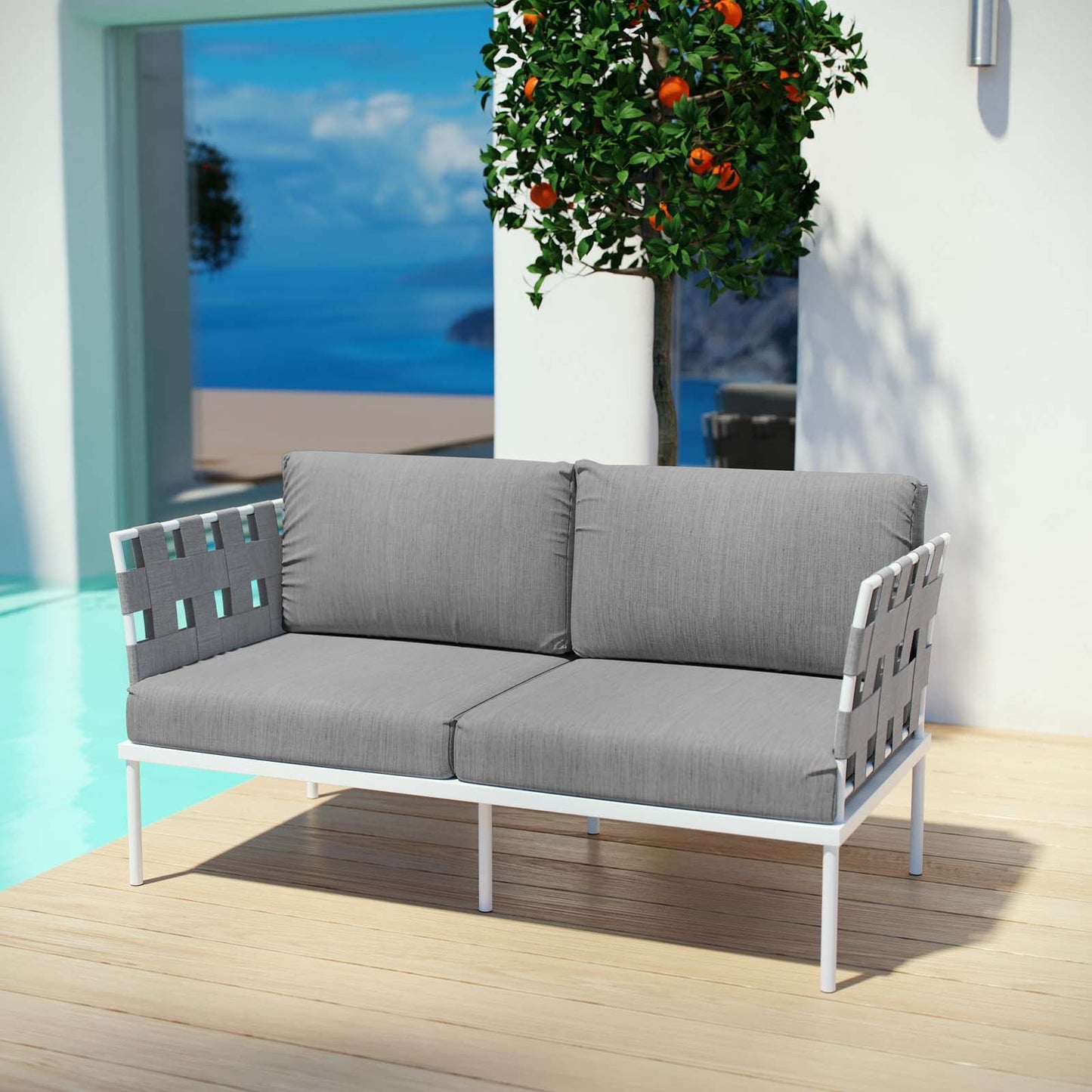 Harmony Outdoor Patio Aluminum Loveseat White Gray EEI-2603-WHI-GRY