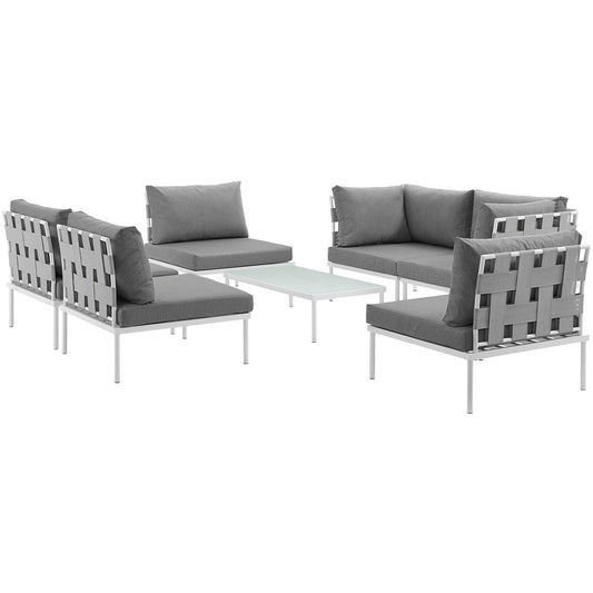 Harmony 7 Piece Outdoor Patio Aluminum Sectional Sofa Set White Gray EEI-2617-WHI-GRY-SET