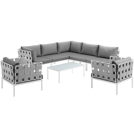 Harmony 8 Piece Outdoor Patio Aluminum Sectional Sofa Set White Gray EEI-2619-WHI-GRY-SET