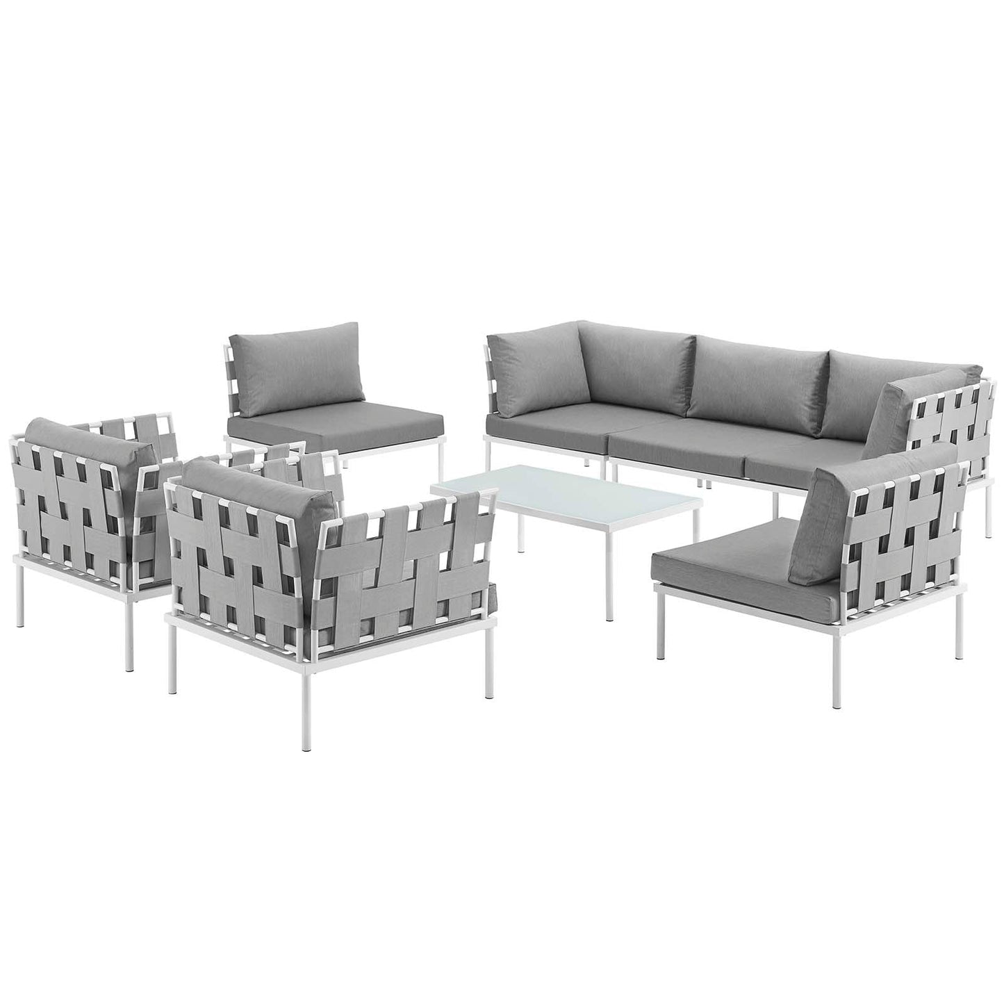 Harmony 8 Piece Outdoor Patio Aluminum Sectional Sofa Set White Gray EEI-2619-WHI-GRY-SET