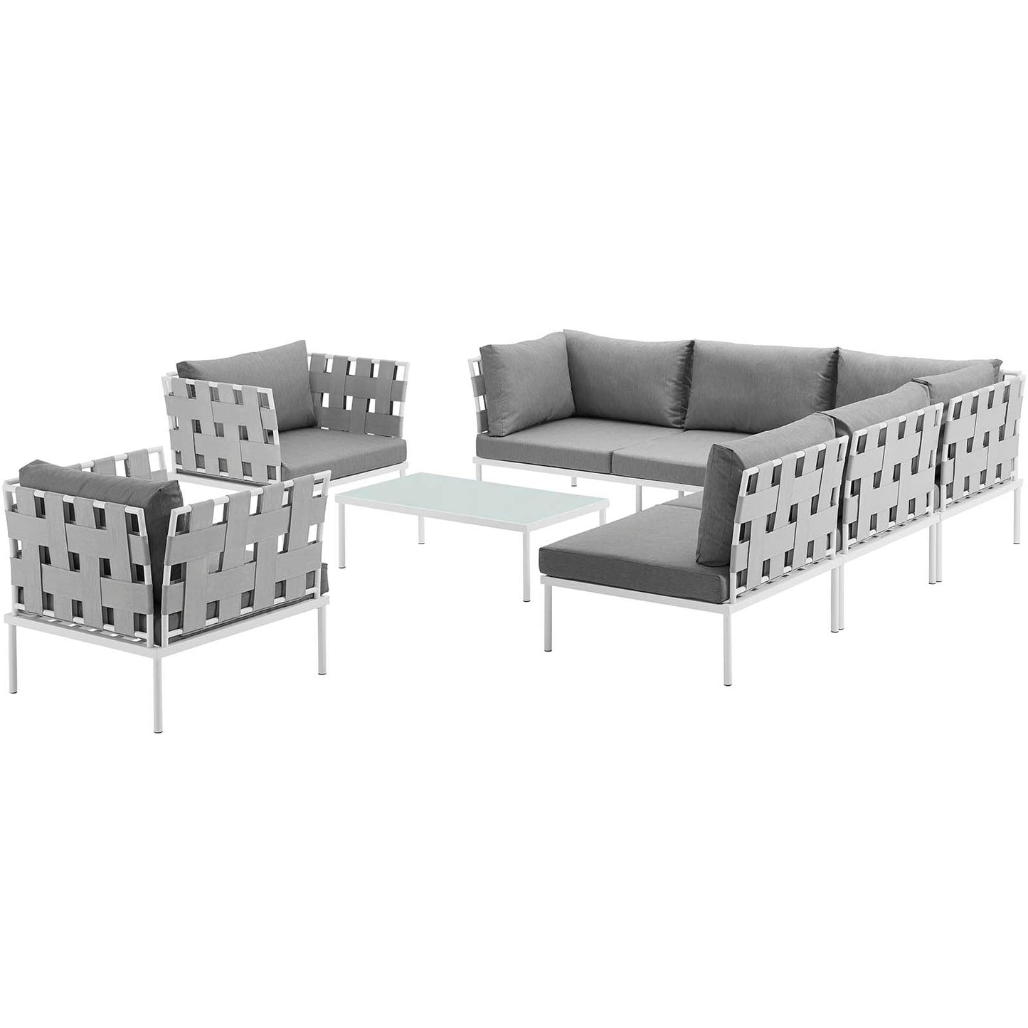 Harmony 8 Piece Outdoor Patio Aluminum Sectional Sofa Set White Gray EEI-2619-WHI-GRY-SET