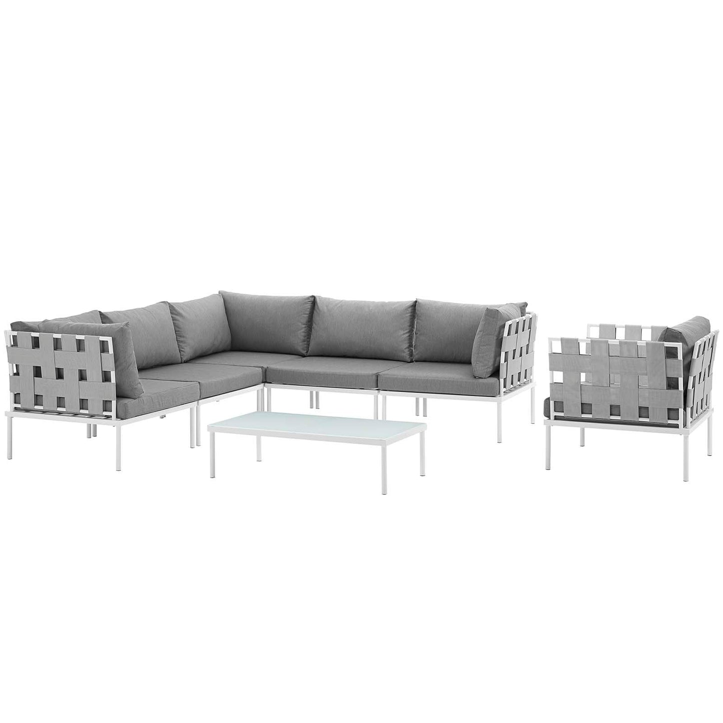 Harmony 7 Piece Outdoor Patio Aluminum Sectional Sofa Set White Gray EEI-2620-WHI-GRY-SET