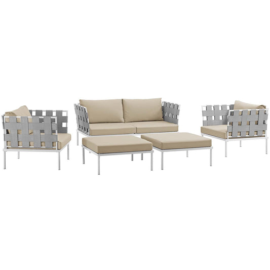 Harmony 5 Piece Outdoor Patio Aluminum Sectional Sofa Set White Beige EEI-2621-WHI-BEI-SET