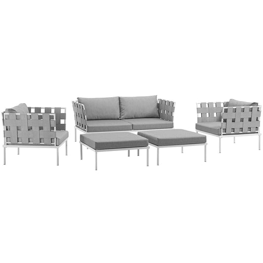 Harmony 5 Piece Outdoor Patio Aluminum Sectional Sofa Set White Gray EEI-2621-WHI-GRY-SET