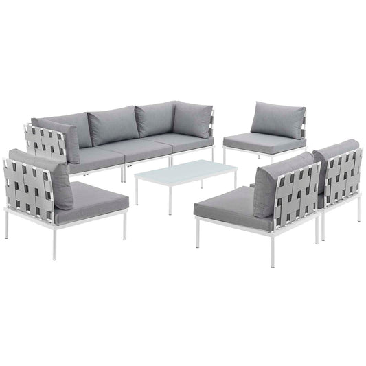 Harmony 8 Piece Outdoor Patio Aluminum Sectional Sofa Set White Gray EEI-2625-WHI-GRY-SET