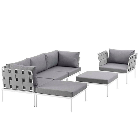 Harmony 6 Piece Outdoor Patio Aluminum Sectional Sofa Set White Gray EEI-2626-WHI-GRY-SET