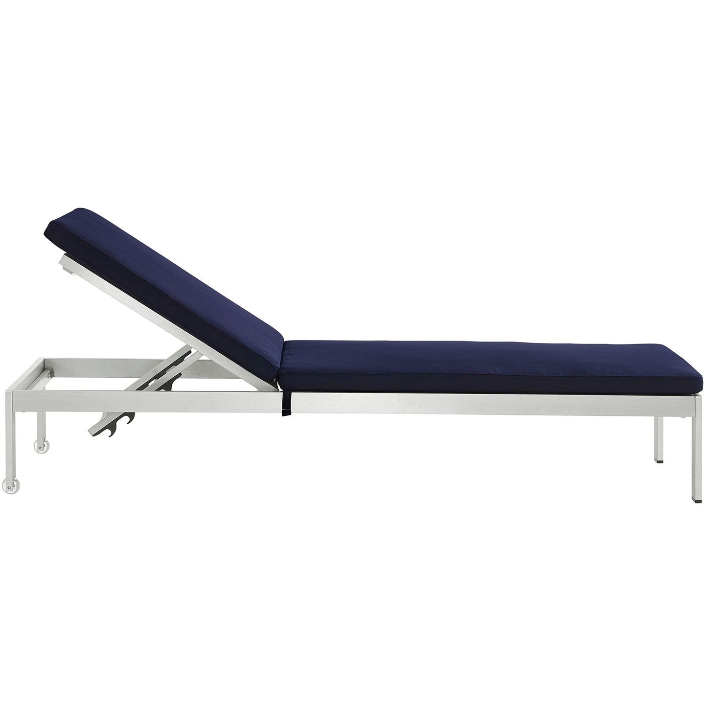 Shore Outdoor Patio Aluminum Chaise with Cushions Silver Navy EEI-2660-SLV-NAV