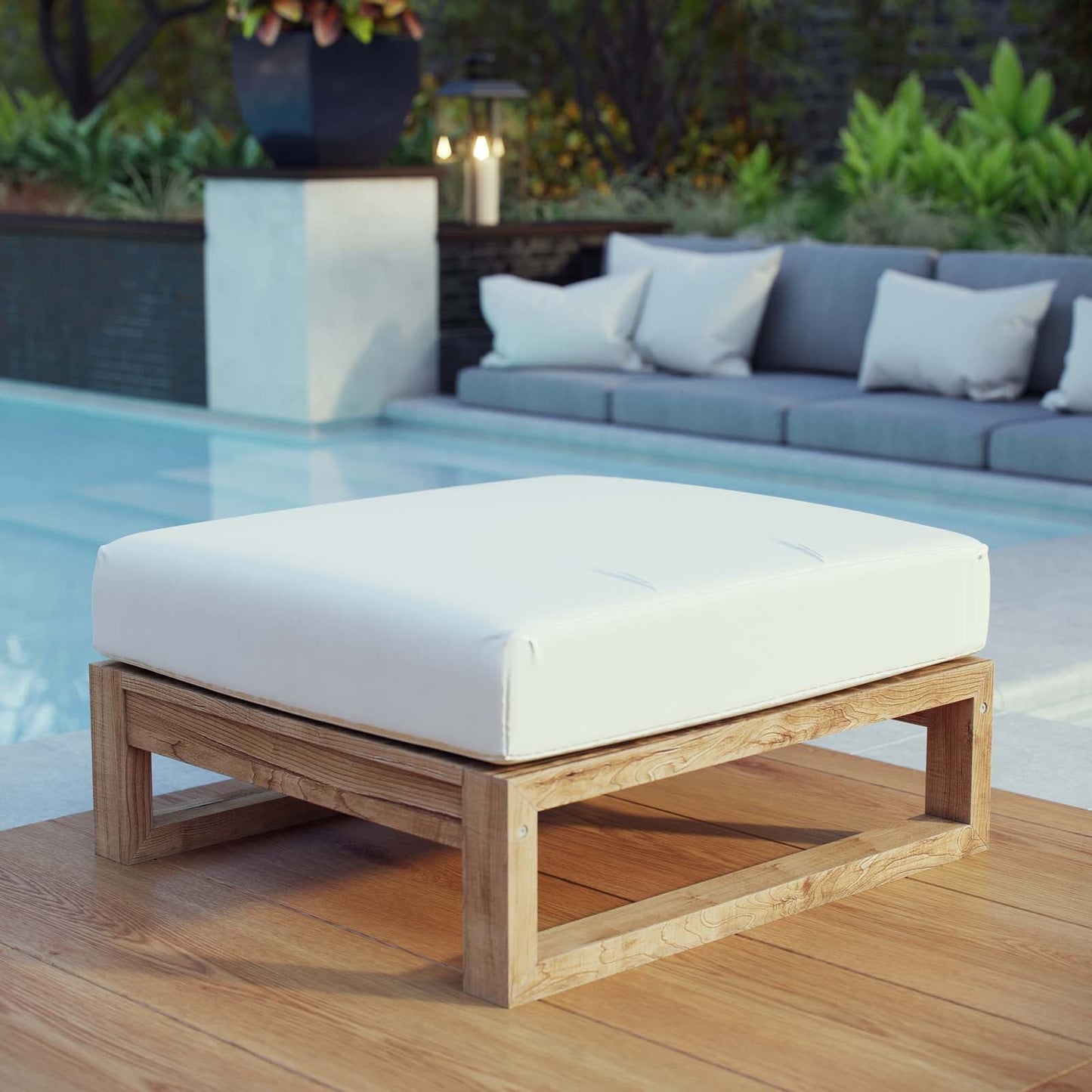 Upland Outdoor Patio Teak Ottoman Natural White EEI-2708-NAT-WHI