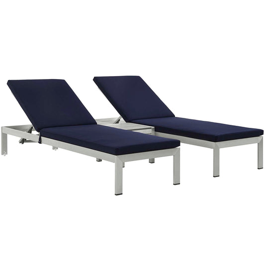 Shore 3 Piece Outdoor Patio Aluminum Chaise with Cushions Silver Navy EEI-2736-SLV-NAV-SET