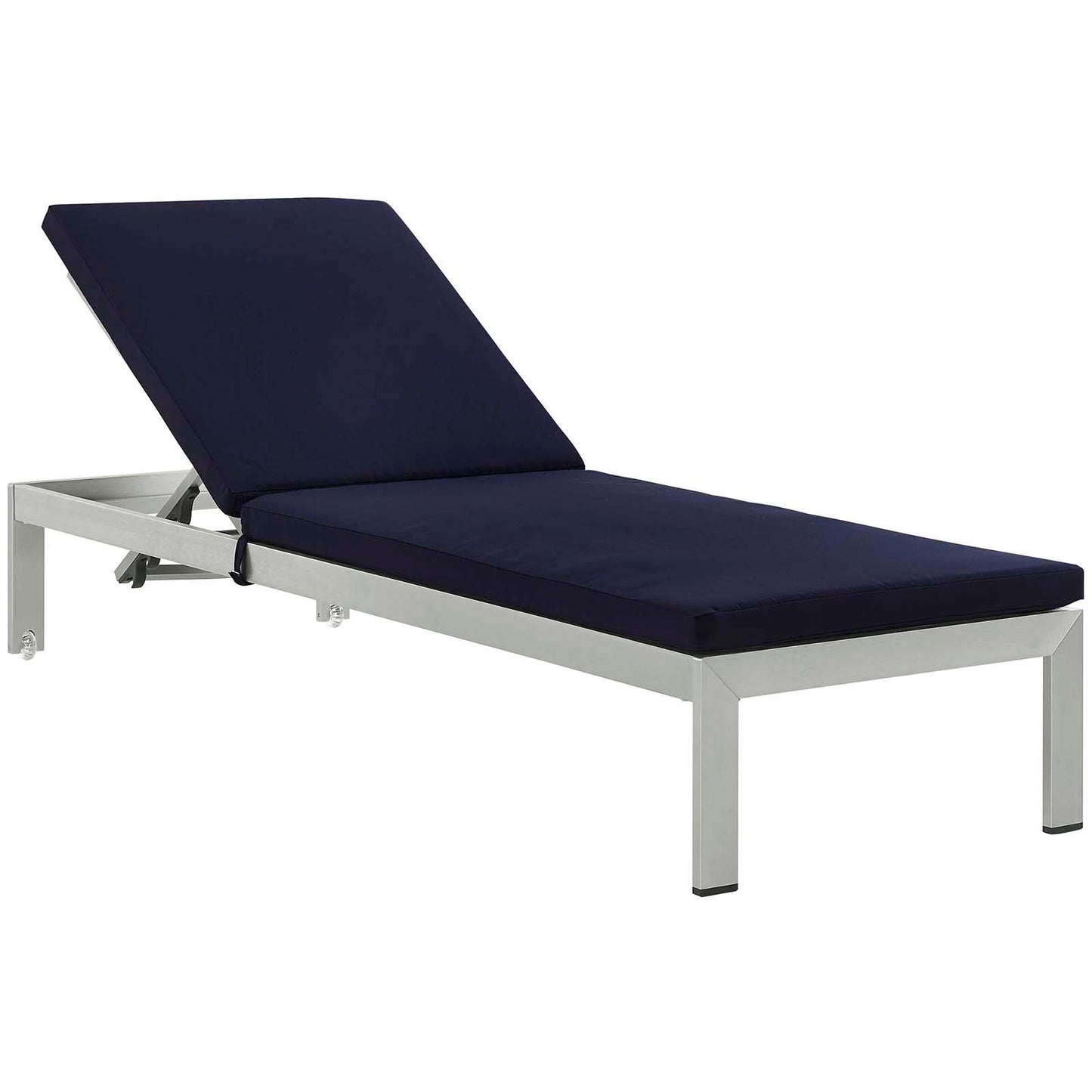 Shore 3 Piece Outdoor Patio Aluminum Chaise with Cushions Silver Navy EEI-2736-SLV-NAV-SET