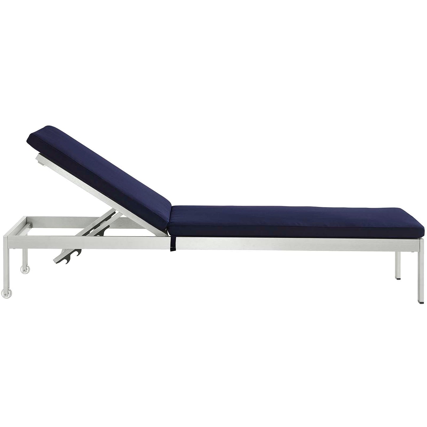 Shore 3 Piece Outdoor Patio Aluminum Chaise with Cushions Silver Navy EEI-2736-SLV-NAV-SET