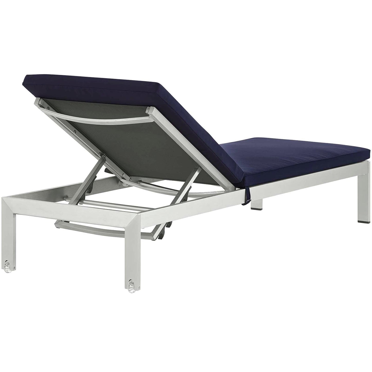 Shore 3 Piece Outdoor Patio Aluminum Chaise with Cushions Silver Navy EEI-2736-SLV-NAV-SET