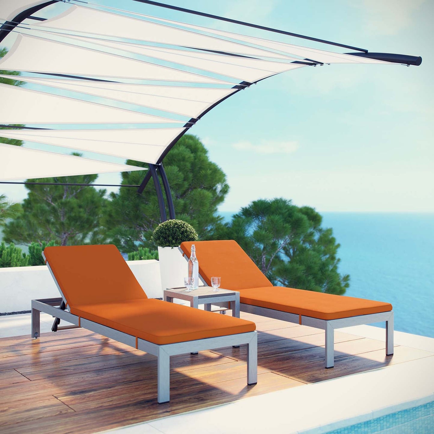 Shore 3 Piece Outdoor Patio Aluminum Chaise with Cushions Silver Orange EEI-2736-SLV-ORA-SET