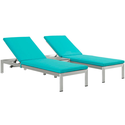 Shore 3 Piece Outdoor Patio Aluminum Chaise with Cushions Silver Turquoise EEI-2736-SLV-TRQ-SET