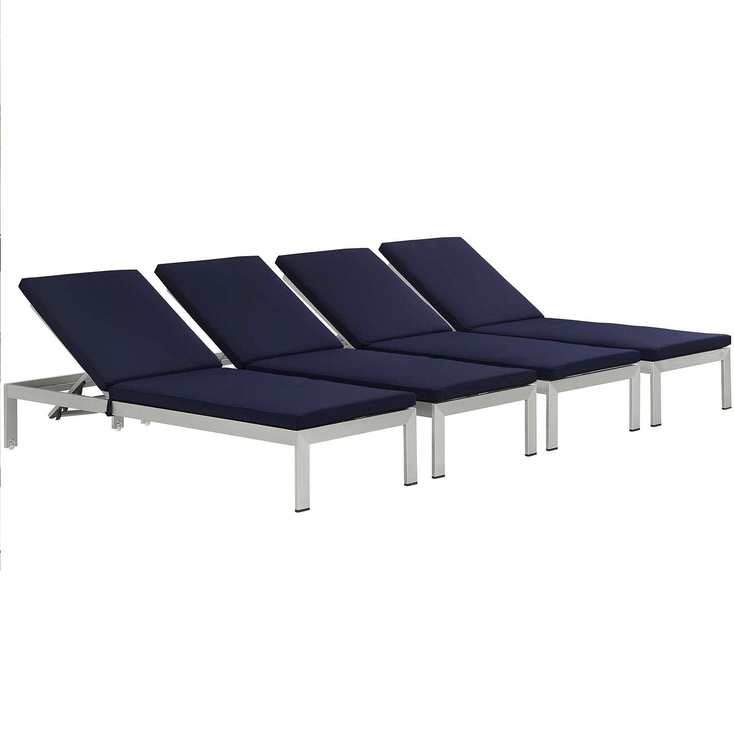 Shore Chaise with Cushions Outdoor Patio Aluminum Set of 4 Silver Navy EEI-2738-SLV-NAV-SET