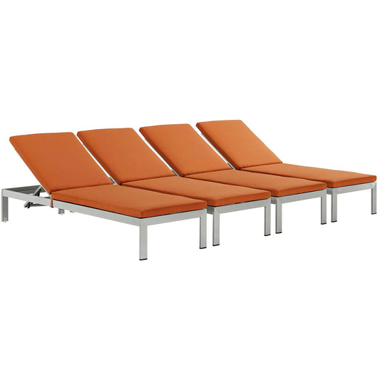 Shore Chaise with Cushions Outdoor Patio Aluminum Set of 4 Silver Orange EEI-2738-SLV-ORA-SET