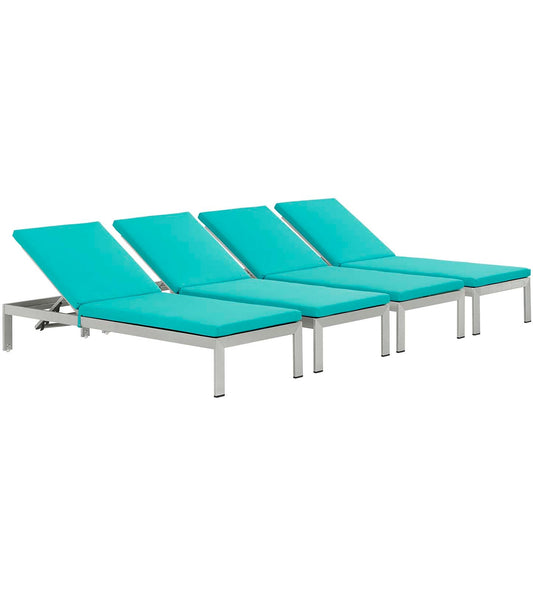 Shore Chaise with Cushions Outdoor Patio Aluminum Set of 4 Silver Turquoise EEI-2738-SLV-TRQ-SET